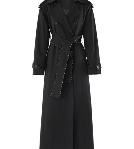 Women Black Belted Big Size Long Elegant Trench New Lapel Long Sleeve Windbreaker Fashion Tide Spring Autumn 2025 CPDB265