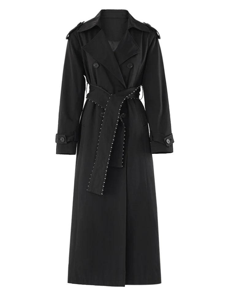Women Black Belted Big Size Long Elegant Trench New Lapel Long Sleeve Windbreaker Fashion Tide Spring Autumn 2025 CPDB265