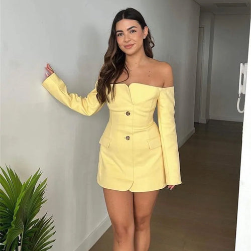 Load image into Gallery viewer, Off-shoulder Strapless Sexy Blazer Dress For Women Fashion Solid Zipper Two Pocket Long Sleeve Backless Mini Dress
