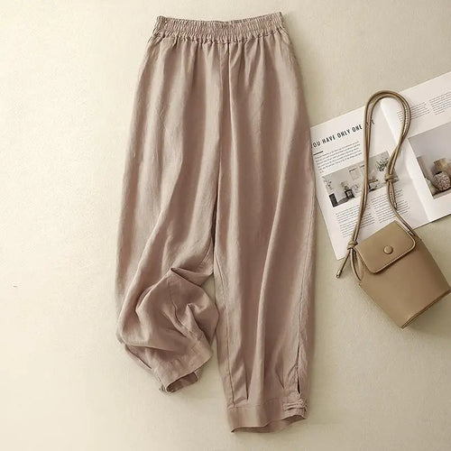 Load image into Gallery viewer, Summer Beige Cotton Straight Wide Leg Ankle-length Lantern Pants Women Pink Green Casual Loose Elastic High Waist Large Size New
