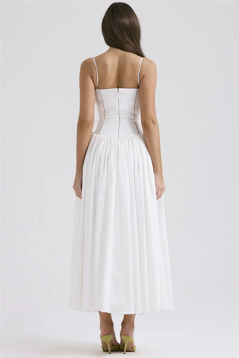 Elegant White Sundress Spaghetti Strap Backless Midi Dress For Women Fashion Sleeveless A-line Loose Long Dress New