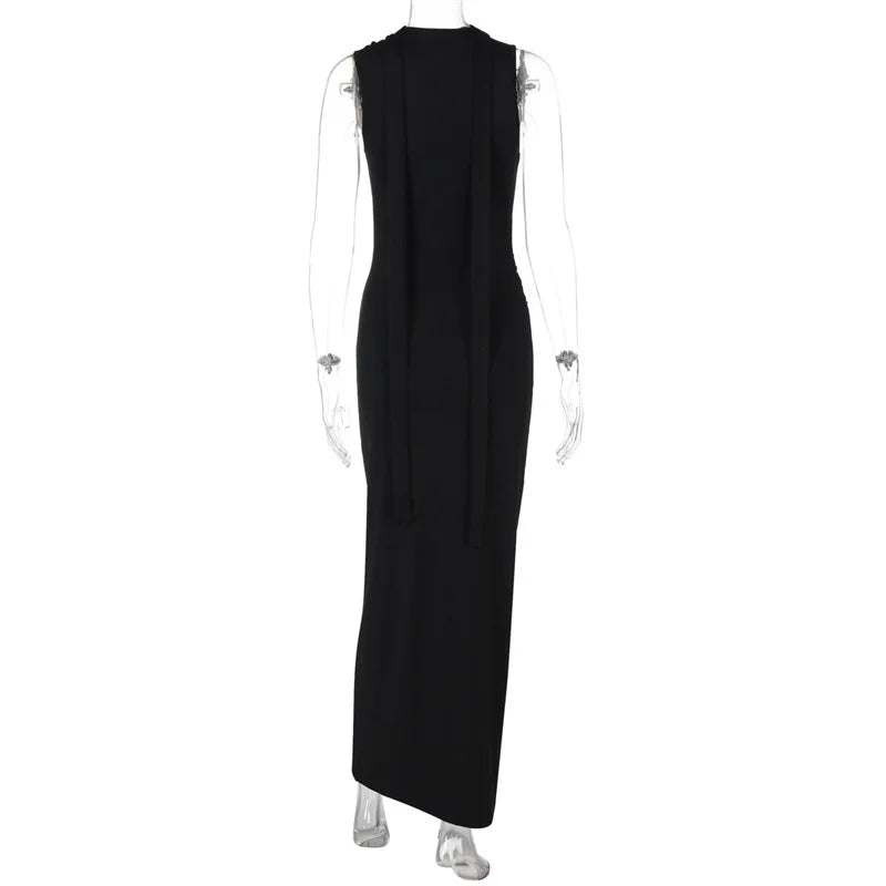 Hollow Out Halter Sexy Maxi Dress Women Summer New Metal Decoration Sleeveless Slim High Waist Long Dress Elegant