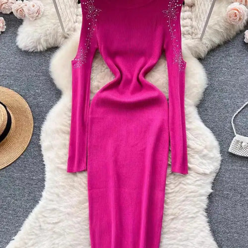 Load image into Gallery viewer, Autumn Elegant Half High Neck Long Sleeves Hollow Out Diamonds Hip Wrap Dress 2023 Fashion Slim Knitted Midi Dress French Simple
