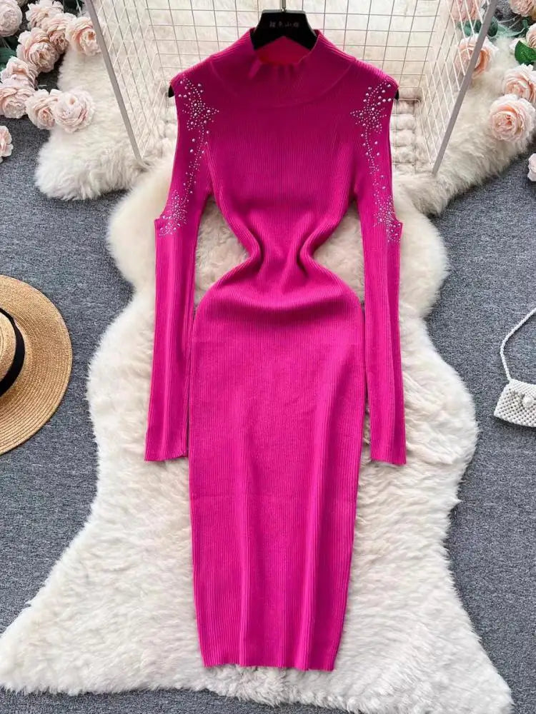 Autumn Elegant Half High Neck Long Sleeves Hollow Out Diamonds Hip Wrap Dress 2023 Fashion Slim Knitted Midi Dress French Simple
