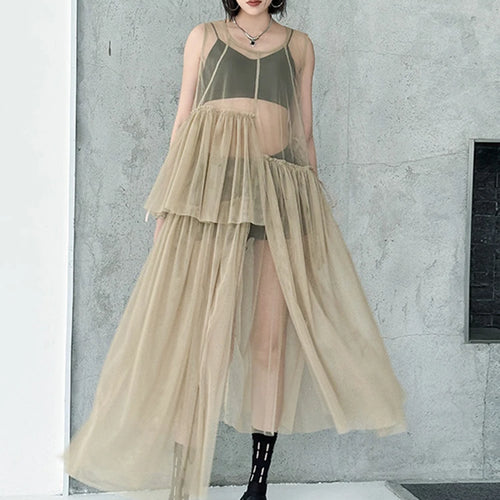 Load image into Gallery viewer, Women Black Khaki Mesh Perspctive Big Size Long Dress New Round Neck Sleeveless Fashion Tide Spring Autumn 2025  1DJ1064
