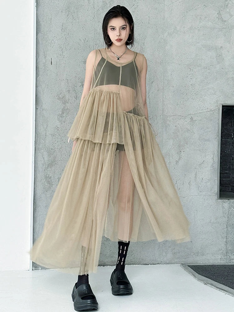 Women Black Khaki Mesh Perspctive Big Size Long Dress New Round Neck Sleeveless Fashion Tide Spring Autumn 2025  1DJ1064