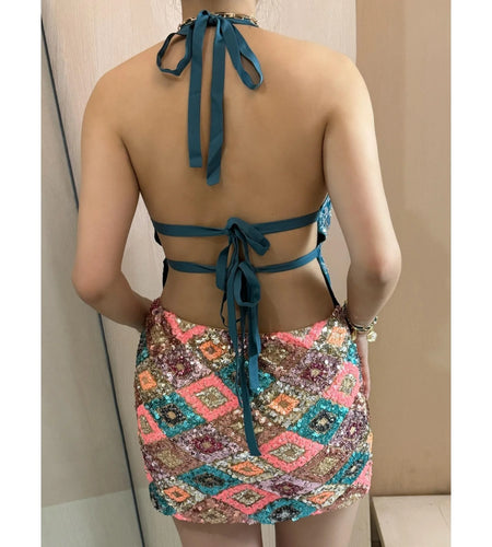 Sexy Sequin Floral Tanks y2k Women Glitter Embroidery Sleeveless Backless Crop Tops Vest 2000s Clothing Party Clubwear