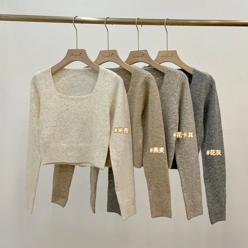 Load image into Gallery viewer, Korean Fashion Women's Solid Long Sleeve Square Neck Knitted Sweater 2024 Autumn Winter New Holiday Short Tops Casual Simplicity

