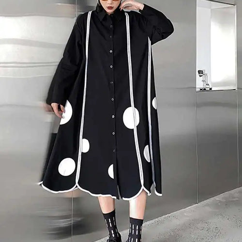 Load image into Gallery viewer, Women Black Dot Printed Long Big Size Shirt Dress New Lapel Long Sleeve Loose Fit Fashion Tide Spring Autumn 2025 1DF1508
