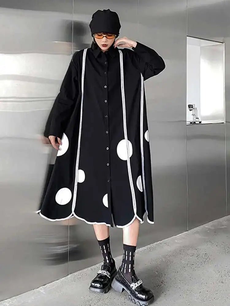 Women Black Dot Printed Long Big Size Shirt Dress New Lapel Long Sleeve Loose Fit Fashion Tide Spring Autumn 2025 1DF1508
