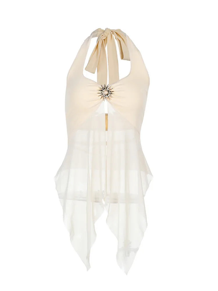 Sexy Hanging Collar Mesh Vest Perspective Women Temperament Slim Solid Color Female Top Sleeveless Vest Spring Summer