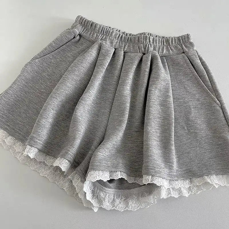 Black White High Waist Slim Mini Pleated Shorts 2024 Spring Summer Fashion Ladies Sweet Gray Lace Shorts For Women Clothes Trend