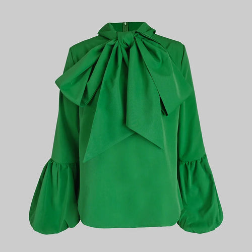 Load image into Gallery viewer, Bowknot High Collar Shirt for Women 2024 New Lantern Sleeve Fit Solid Green Blouse Urban Women&#39;s Fashion Commuter Top
