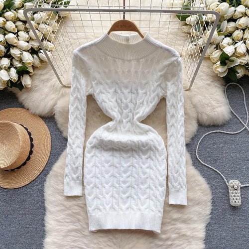 Load image into Gallery viewer, French Black White Hollow Out Backless Knitted Mini Dress Women Autumn Gray New Office Long Sleeves Twisted Sweater Short Dress
