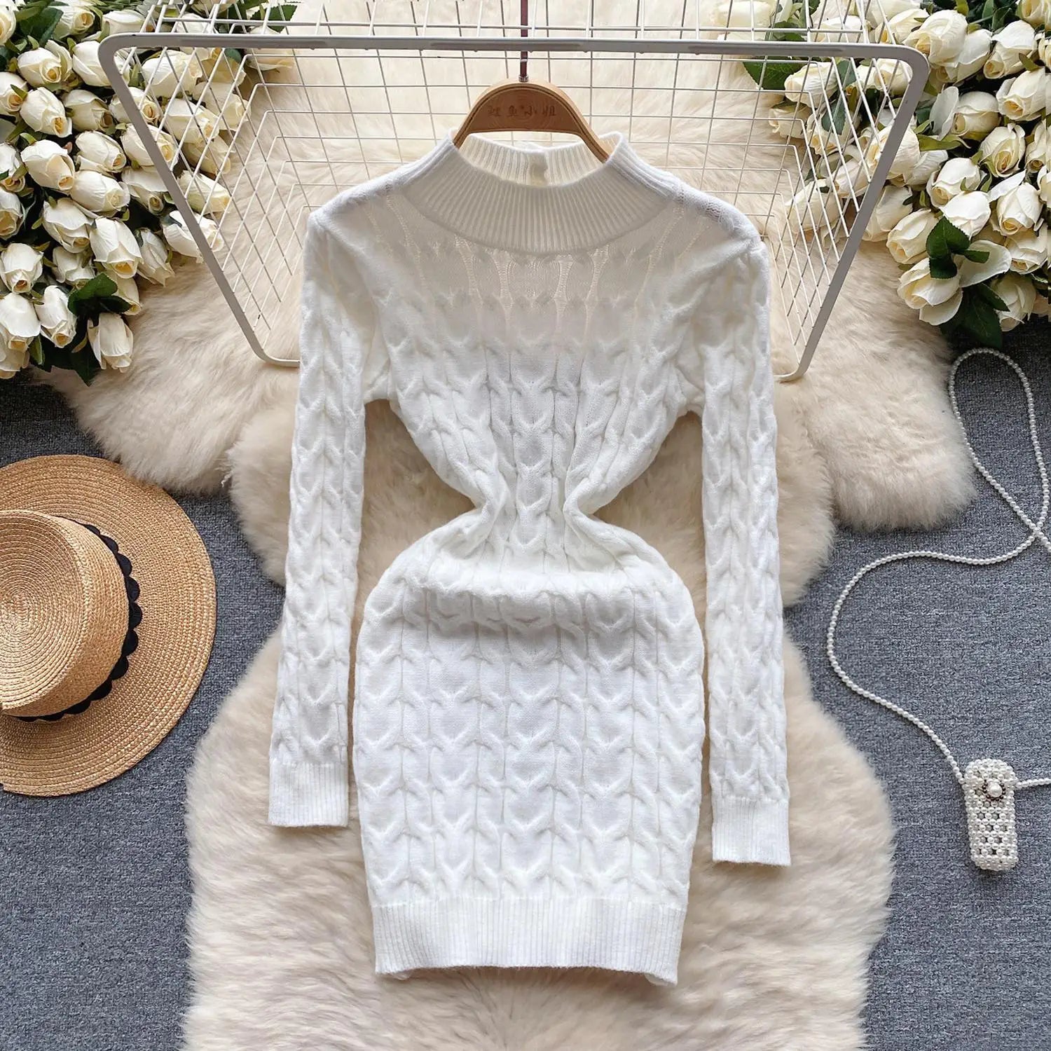 French Black White Hollow Out Backless Knitted Mini Dress Women Autumn Gray New Office Long Sleeves Twisted Sweater Short Dress