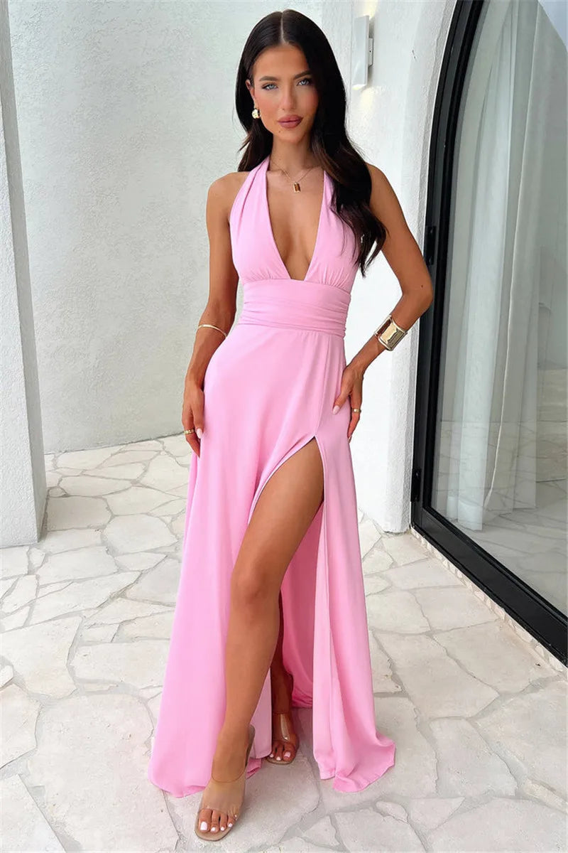 Halter Deep V Neck High Split Maxi Dress For Women Fashion Sleeveless Backless Bodycon Club Party Sexy Long Dress New