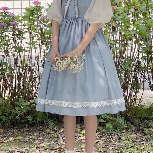 Load image into Gallery viewer, Sweet Kawaii Lolita Dress Women Preppy Style School Puff Sleeve Dresses Cute Peter Pan Collar Student Clothes Summer
