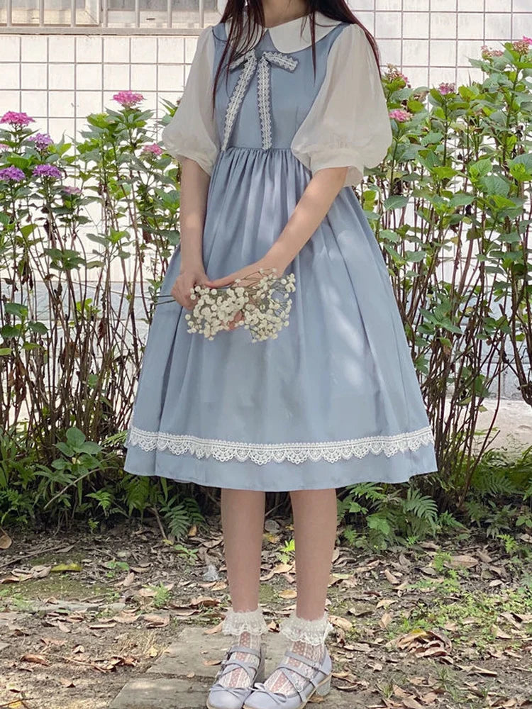 Sweet Kawaii Lolita Dress Women Preppy Style School Puff Sleeve Dresses Cute Peter Pan Collar Student Clothes Summer