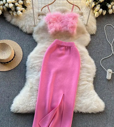 Pink Sexy Sleeveless Plush Slip Crop Tops And Black Elastic High Waist Split Skirt Sets Spring Summer Ladies Gray Two Piece Sets
