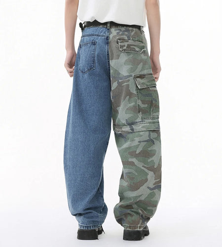Men Jeans Niche Personalized Camouflage Splicing Two Color Fashion Multi Pockets Loose High Street Denim Pants 9W1679