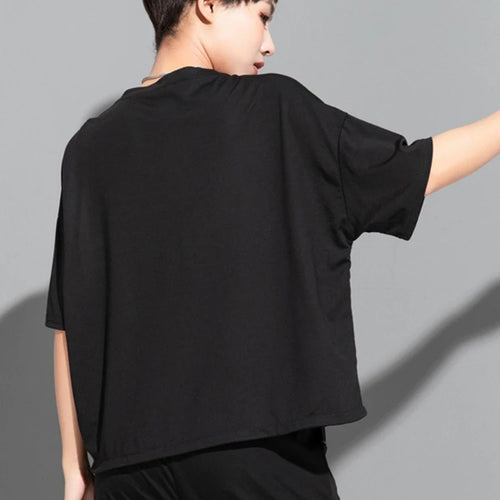 Load image into Gallery viewer, Women Black Topstitched Drawstring Big Size T-shirt New Round Neck Short Sleeve Fashion Tide Spring Summer 2025 1DJ1797
