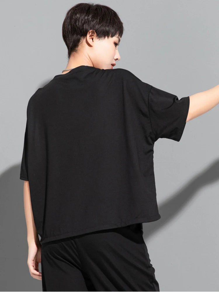 Women Black Topstitched Drawstring Big Size T-shirt New Round Neck Short Sleeve Fashion Tide Spring Summer 2025 1DJ1797
