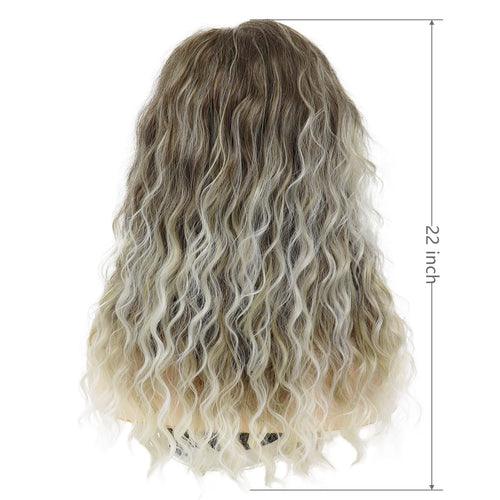 Load image into Gallery viewer, Synthetic 22&quot; Long Curly Wig Ombre Blonde Color Hair with Free Part Bangs Natural Wig Average Head Wig Wavy Cut Carnival Wig
