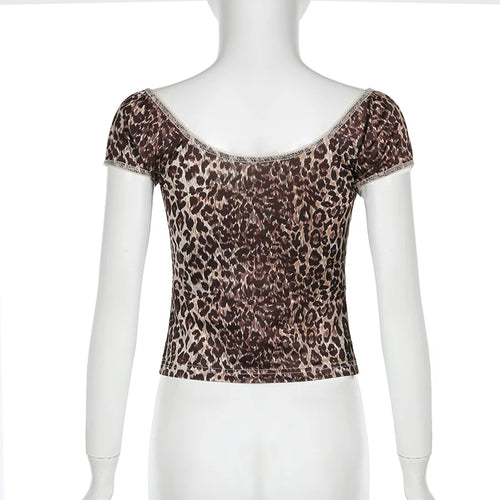 Load image into Gallery viewer, V Neck Skinny Vintage Leopard Top Cropped Stitching Ruched Bow Y2K Summer T shirts Women 2000s Korean Tee Shirt Cute
