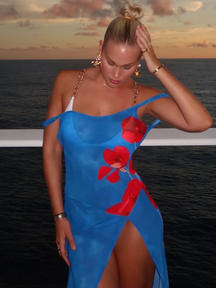 Fashion Sexy Open Back Printed Dress 2024 Summer New Women Split Slim Sleeveless Long Dress Elegant Beach Party Clothing