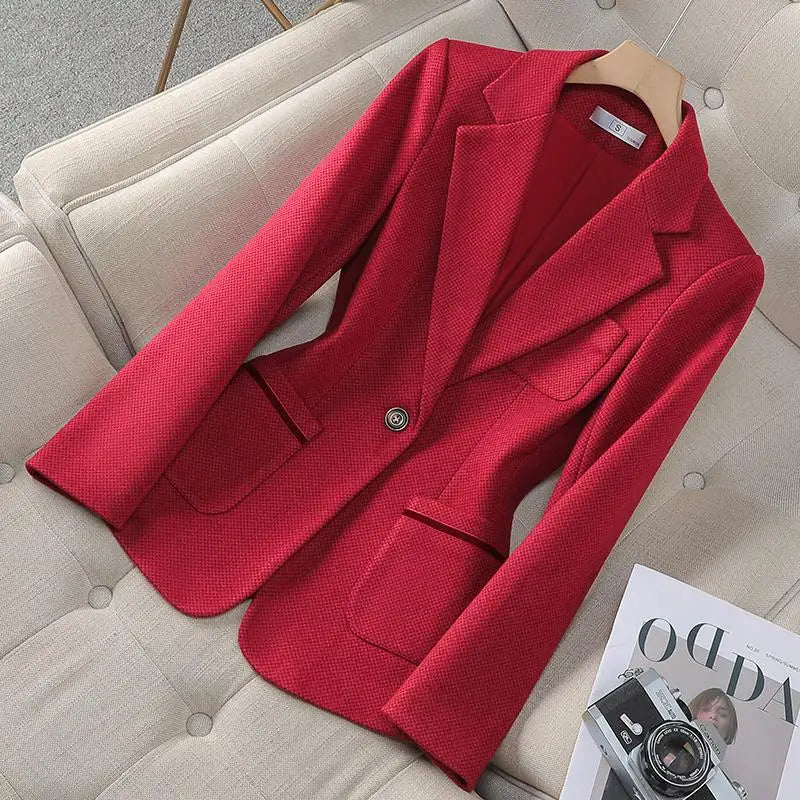 Women Thousand Plaid Office Lady Professional Blazer Coat Autumn Winter Long Sleeve Single Button Cardigan Jacket Fashion Tops
