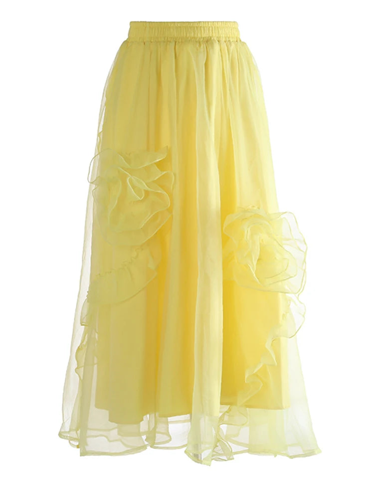 High Elastic Waist Khaki Three-dimensional Flower Mesh Half-body Skirt Women Fashion Tide New Spring Autumn 20251DJ0912