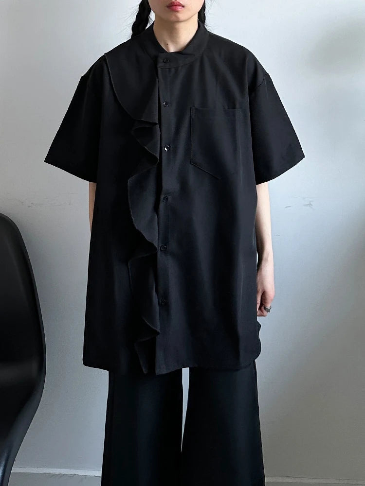 Women White Ruffles Pocket Big Size Blouse New Stand Collar Short Sleeve Shirt Fashion Tide Spring Summer 2025 1DJ0975