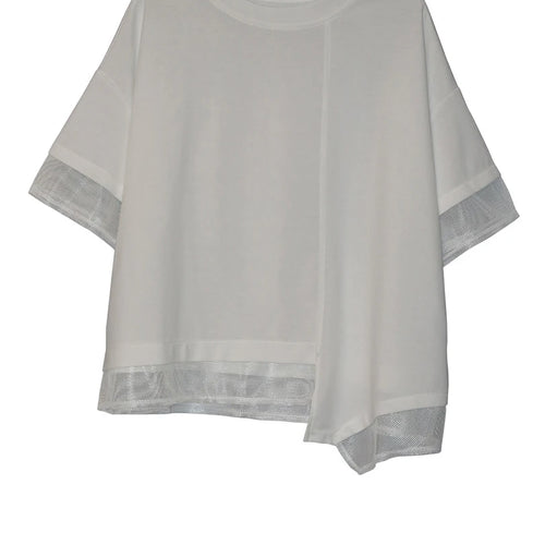 Load image into Gallery viewer, Women Black Irregular Mesh Spliced Big Size T-shirt New Round Neck Short Sleeve Fashion Tide Spring Summer 2025 1DJ1700
