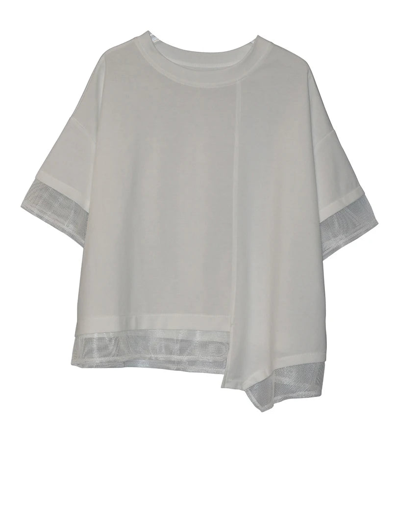Women Black Irregular Mesh Spliced Big Size T-shirt New Round Neck Short Sleeve Fashion Tide Spring Summer 2025 1DJ1700