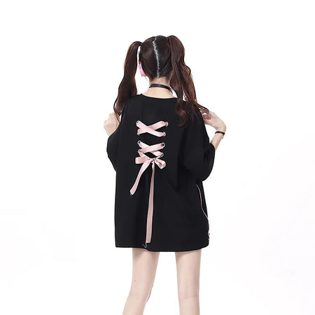 Harajuku Woman Tshirt Japanese Fashion Oversized Tops 2023 Ropa Mujer Bandage Casual Summer Sweet Y2k T Shirts Clothes for Teens