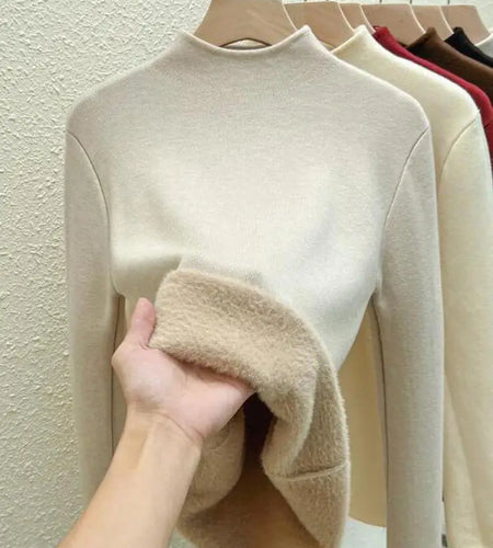 Retro Women Solid Elegant Knitted Half High Neck Velvet Thick Sweater Autumn Winter Basic Slim Pullovers Tops Simplicity Clothes