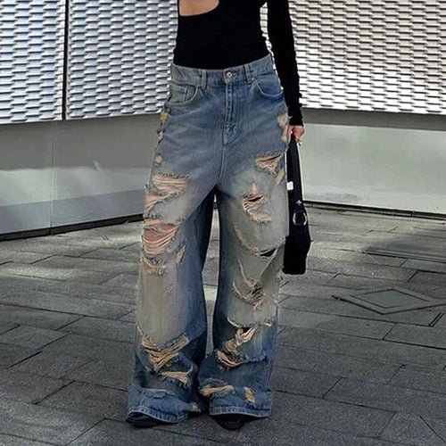 Load image into Gallery viewer, Streetwear Grunge Straight Leg Ripped Jeans Women Hole Distressed Harajuku Baggy Pants Full Length Denim Trousers New
