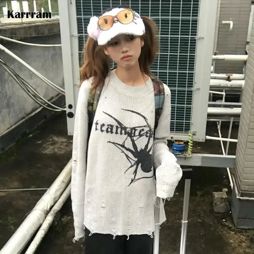 Load image into Gallery viewer, Japanese Y2k Ripped Sweater Vintage Gothic Spider Print Knitted Pullover Trashy 2000s Style Distressed Jumper Grunge 90s
