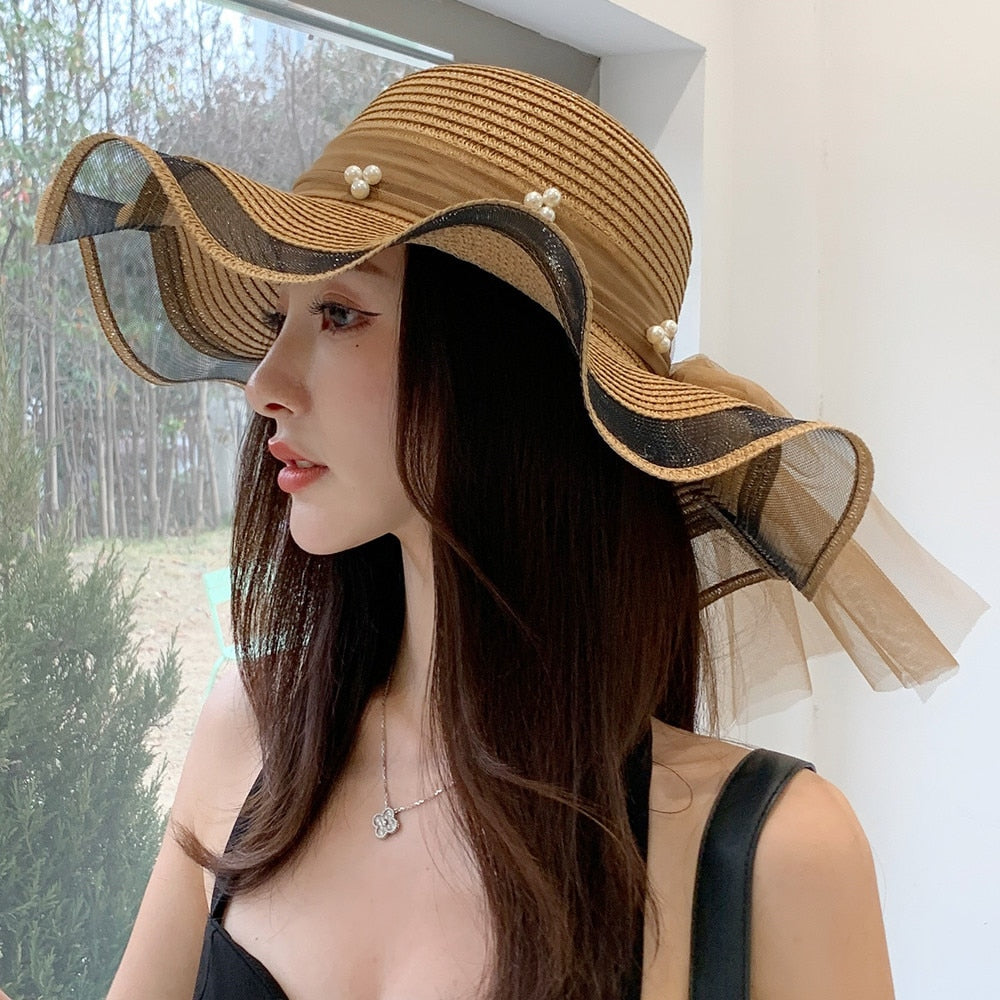 Women's Summer Hat Fashion Wave Mesh Pearl Design Straw Sun Hat Female Travel  Beach Bucket Hat