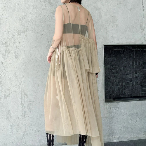 Load image into Gallery viewer, Women Black Khaki Mesh Perspctive Big Size Long Dress New Round Neck Sleeveless Fashion Tide Spring Autumn 2025  1DJ1064
