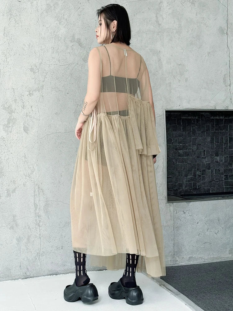 Women Black Khaki Mesh Perspctive Big Size Long Dress New Round Neck Sleeveless Fashion Tide Spring Autumn 2025  1DJ1064