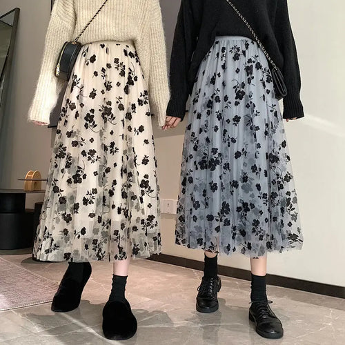 Load image into Gallery viewer, Long Tulle Skirt Women Vintage Butterfly Embroidery Elastic High Waist A-Line Mesh Pleated Skirt Female Midi Skirt Faldas Jupe
