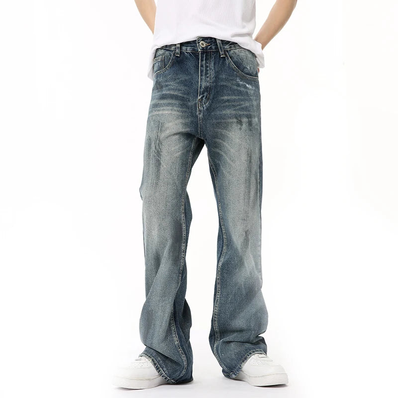 American Style Male Denim Pants New Worn-out Vintage Boot Cut Loose Casual Straight Leg Men's Jeans Summer 9C6671