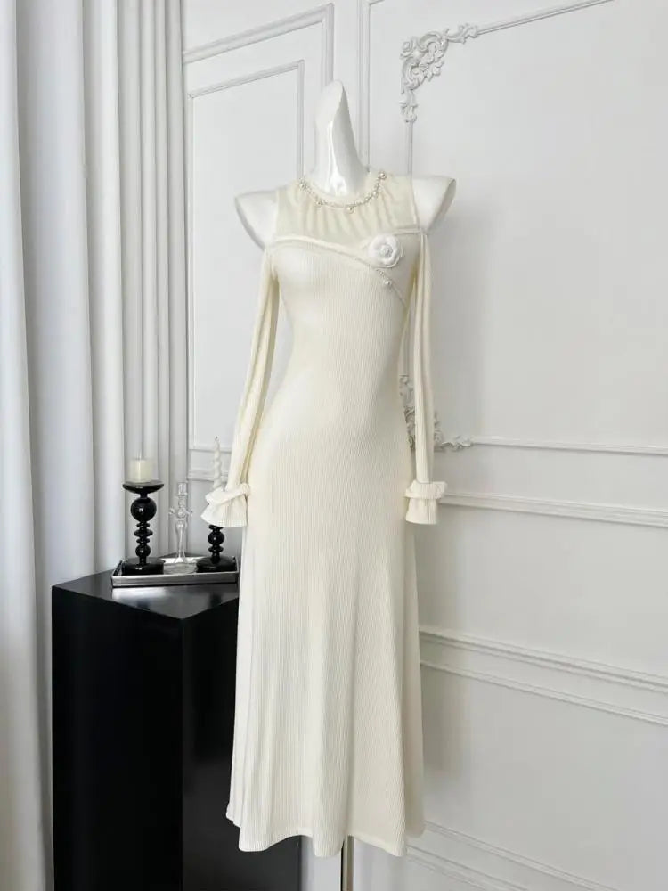 French Vintage Beige Pearl Patchwork Lace Off Shoulder Dress Sexy Round Neck Long Sleeved Elegant Party Evening Gown Dress Trend