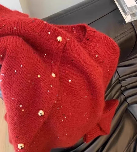 Korean Vintage Red Sequined Single Breasted Cardigan Sweater Women Autumn Winter Round Neck Long Sleeve Knitwear Tops Streetwear