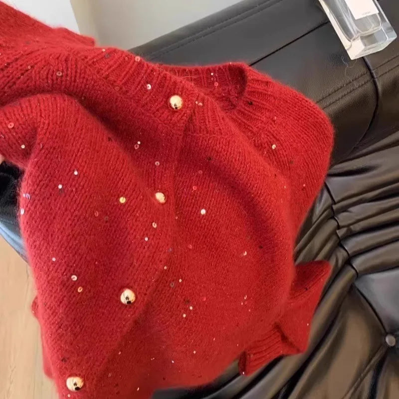 Korean Vintage Red Sequined Single Breasted Cardigan Sweater Women Autumn Winter Round Neck Long Sleeve Knitwear Tops Streetwear