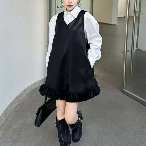 Load image into Gallery viewer, Black Leather Mesh Dress Shirt Two Pieces Suit New Lapel Long Sleeve Women Fashion Tide Spring Autumn 2025 1DH9256
