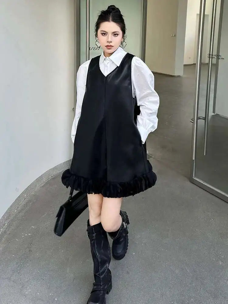 Black Leather Mesh Dress Shirt Two Pieces Suit New Lapel Long Sleeve Women Fashion Tide Spring Autumn 2025 1DH9256