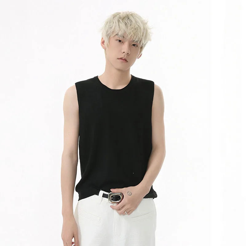 Men's Vest New Summer Korean Round Neck Design Solid Color Loose Sleeveless T-shirt Knitted Casual Male Top Trend 9W1592