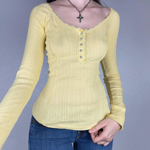 Load image into Gallery viewer, Coquette Yellow Bright Slim Jacquard Women Top Tee Slim Cutecore Lace Trim Buttons Autumn T shirt Clothing Knit Shirt
